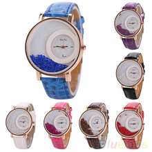 Women s Moveable Rhinestones Quicksand Dial Faux Leather Band Quartz Wrist Watch 4KMZ