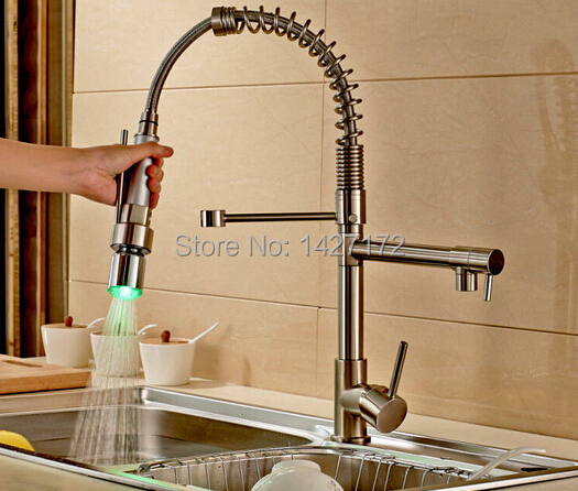 Modern Deck Mounted New LED Spring Brushed Nickel Brass Kitchen Faucet Dual Spouts Sink Mixer Tap