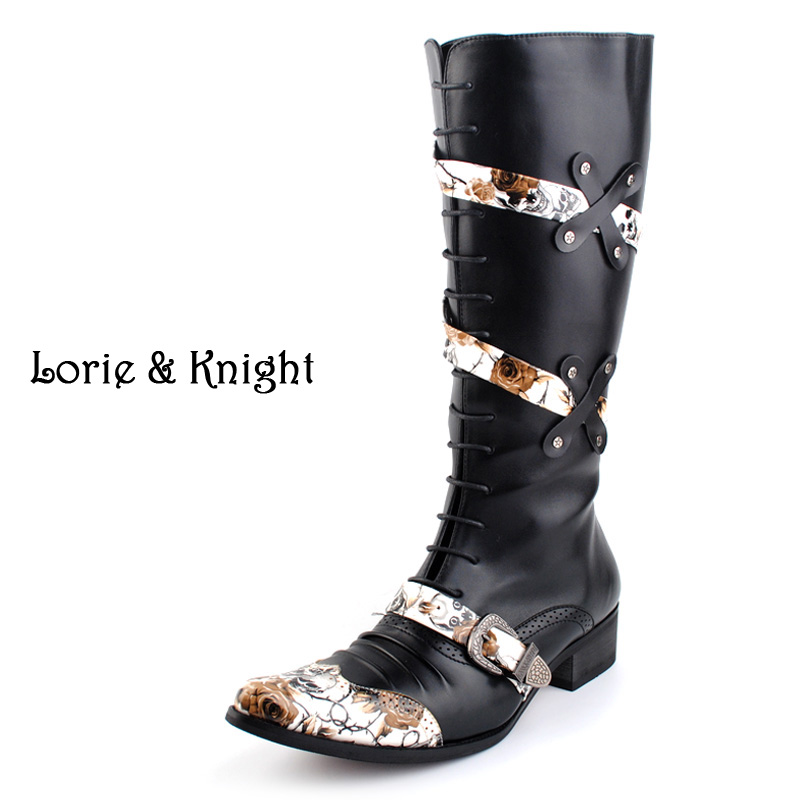 Фотография British Retro Floral Print Straps Martin High Boots Pointed Toe Lace Up Steampunk Cosplay Boots BLACK/WHITE