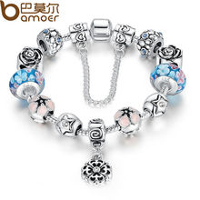 Bracelets & Bangles European Silver Plated Glass Beads Bracelet Femme With Security Chain Luxurious Strand Bracelets Jewellery P1833