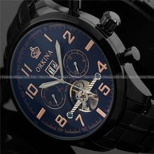 Mens hombre de acero negro dorado mes automático día fecha auto reloj mecánico + caja de regalo envío gratis