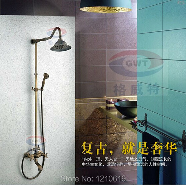 Newly US Free Shipping Wholesale And Retail Elegant Antique Brass Bathroom Shower Faucet Set Rainfall Shower Head + Hand Shower