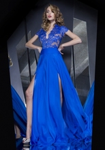 Floor Length Ball Gown Vestidos De Baile V Neck Side Slit Long Prom Dresses 2016 Blue Lace Up Back Evening Gown China (sf-p82)