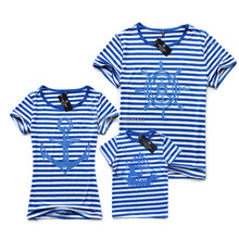 Family fashion summer 2015 short sleeve navy striped T shirt matching family clothing set for mother