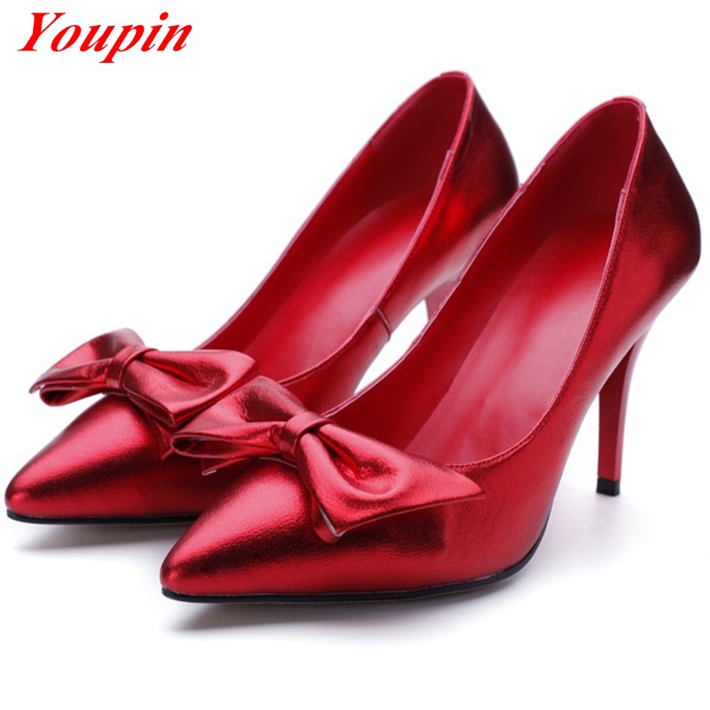 Bowtie Shallow mouth high quality 2016 Spring/Autumn Sheepskin Pointed Toe Thin Heels Office Lady 3 colors Elegant woman heels