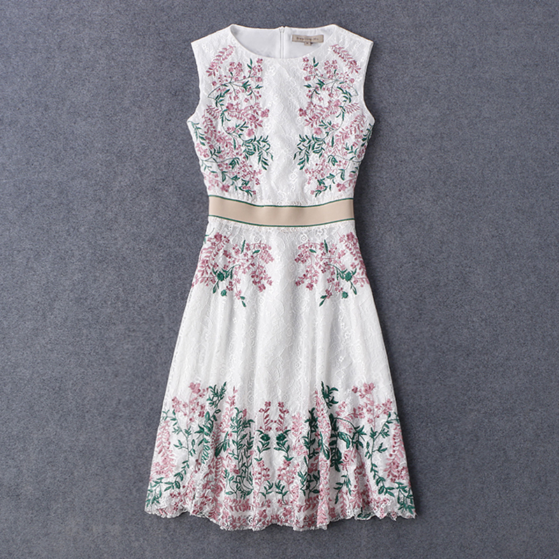 Lace Dress 2016 Spring Summer New Fashion Runway Flowers Embroidery Knee-length Elegant Slim Vest White Dress