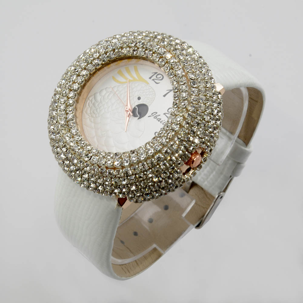 WH109 Japan Movt Ladies Leather Band Watch Fashion Jewelry Simulated Diamond Parrot Quartz Wristwatches For Women