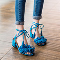 2017 Summer Leather Sandals Women High Heels Fringe Gladiator Sandals Women Lace Up Shoes Ladies Leather