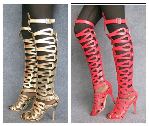 Gladiator Women Sandals Boots Knee Thigh High Heels Patent Leather ...