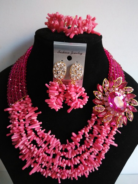Fashion African beads jewelry set pink Coral and crystal beads bride jewelry nigerian wedding african beads jewelry Set GG-130