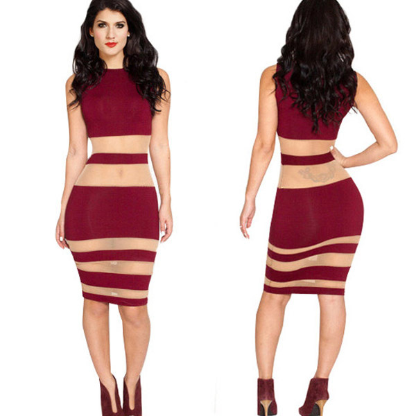 Women Casual Dress Clubwear Mesh Hollow out Bodycon Bandage Dress Sexy Club Party Red