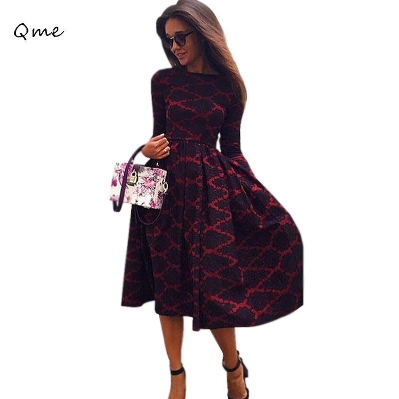 Autumn dress vintage party dress robe longue femme long sleeve graphic print vestidos 2015 womens fall fashion clothing WI196