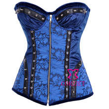 Blue Embroidered Bra Cup Zipper Steampunk Corset Sexy Women Steel Boned Burlesque Corset Shaper
