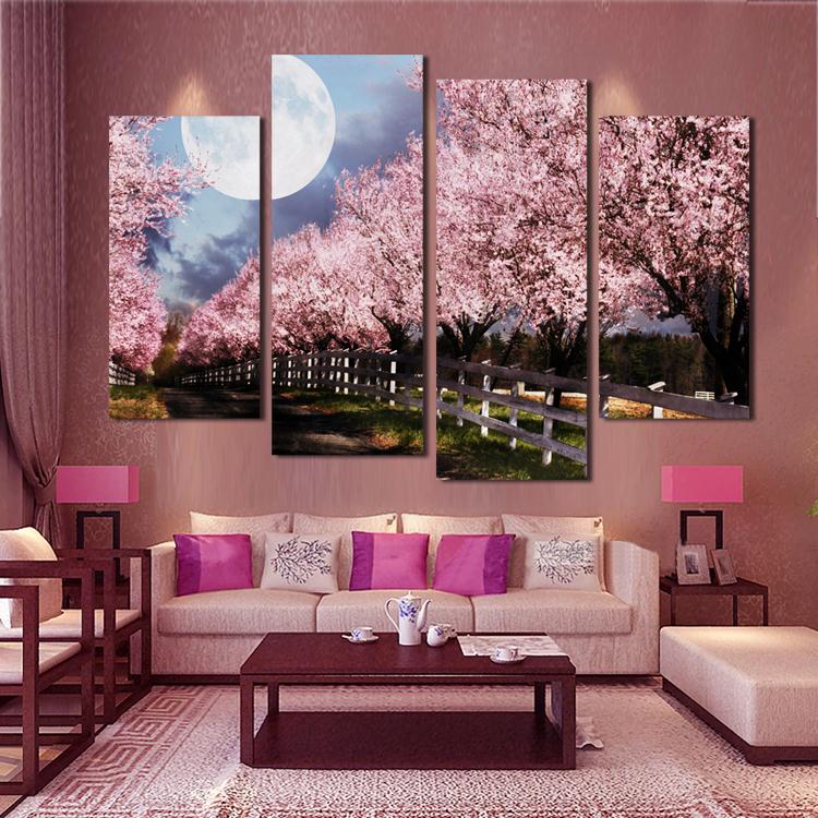 4 Piece Purple Tree Large Canvas Print Painting Home Decor Wall Art Picture For Living Room Modular picture (Unframed)