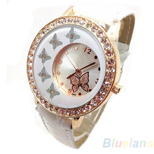 Mujeres Crystal Rhinestone del patrón de mariposa de cristal PU banda de cuero pulsera de cuarzo vestido 139B