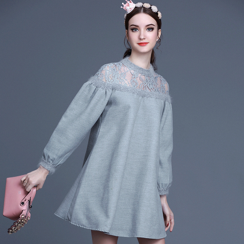 Fashion women's miuco2015 patchwork lace lantern sleeve loose one-piece dress a