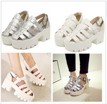 Open Toe Caged Summer Women Shoes Black Leather Peep Toe Flat Platform High Heel Gladiator Sandals Boots Chunky Thick Heel