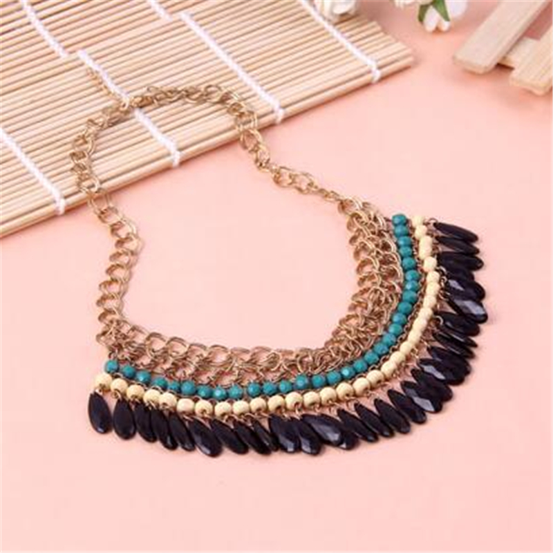 Punk Big Turquoise Vintage Bohemian Statement Necklace For font b Women b font Beads Tassel Necklaces
