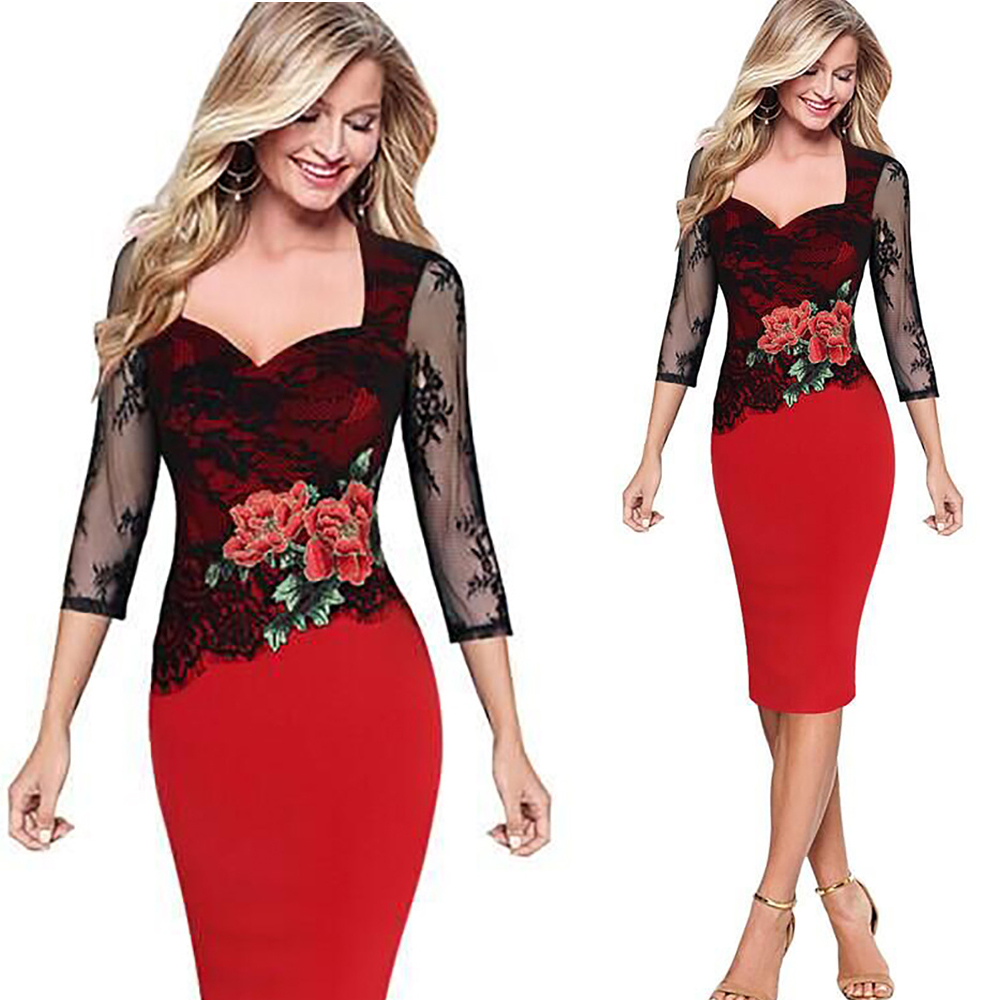YATHON Plus size 5XL Embroidered Lace Bodycon Dresses For Womens Floral Pattern Hollow Out  Pin Up Business Work Office Casual Sheath Pencil Special Occasion Prom