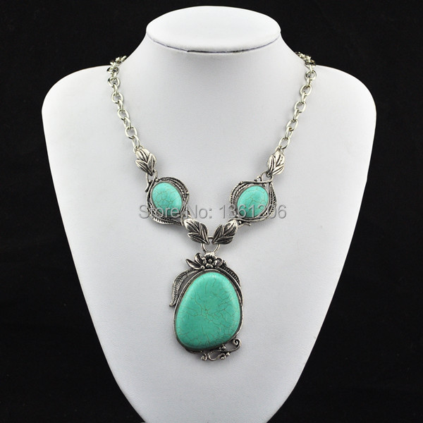N8 Green Turquoise Stone Natural Stone Necklace Pendant Jewlery Women Vintage Look Tibet Alloy free shipping