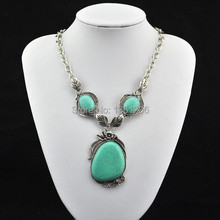 N8 Green Turquoise Stone Natural Stone Necklace Pendant Jewlery Women ,Vintage Look,Tibet Alloy, free shipping, wholesaler