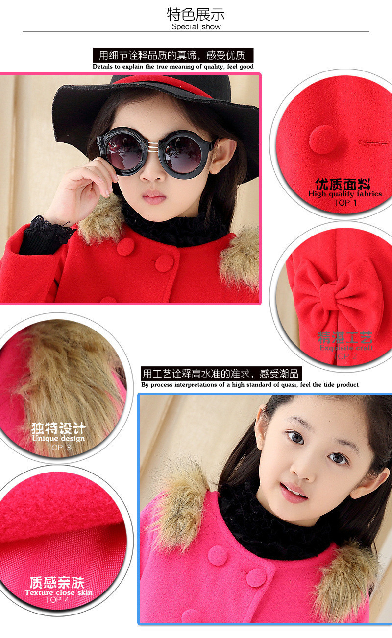 New Fashion Red & Pink Girls Wool Coats Double-Breasted Fastenings Girls Winter Coats Thicken 2015 Kids Winter Coat Girls For Sale3