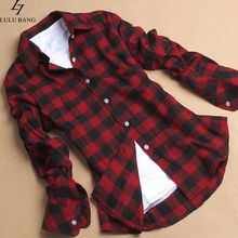 Women Button Down Cotton Casual Lapel Shirt Plaids Checks Flannel Shirt Top Blouse M~XXL