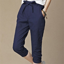 Linen Harem Capri Pants Women 2016 Summer Plus Size M-6xl High Waist Pants With Blets Waist Casual Baggy Studio White Pants Girl