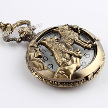 Antique Bronze Wolf Hollow Quartz Pocket Watch Necklace Pendant With Chain High Quality Mens Pocket Watch