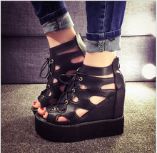Increased women sandals 2015 new high heeled lace thick crust within the Roman shoes hollow hole