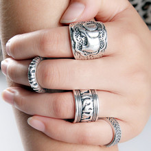 4PCS New Vintage Punk Ring Set Unique Carved Antique Silver Elephant Totem Leaf Lucky Rings for