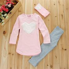 3pcs 1pc Hair Band+1pc Shirts+1pc Pants Children’s Clothing Set Girls Clothes Suits Pink Red Heart