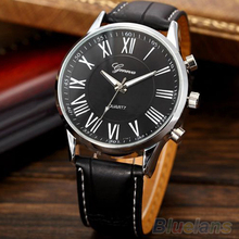 2014 Fashion Roman Dial Mens Elegant Leather Black Analog Quartz Sport Wrist Watch 1G7C