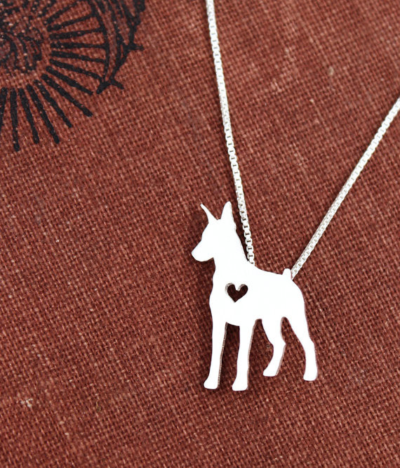 Doberman Pinscher necklace, sterling silver hand cut pendant with heart, tiny dog breed jewelry