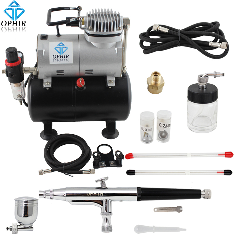 OPHIR Pro 3 Tips  Dual-Action Airbrush with Mini Air Compressor Tank for Hobby Temporary Tattoo Body Paint#AC090+AC074