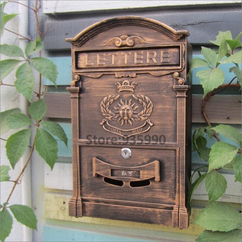 Pattern Bronze Vintage Rustic Iron Mailbox SunGod Sign Newspaper Mailboxes Golden Post Box Letter Box Waterproof Home Decoration