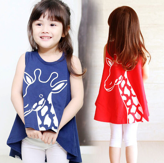 Kids Girls Summer Dresses 2015 Princess Character Sleeveless Clothes Children Korean Animal Deer Print Clothing 5pcs/LOT