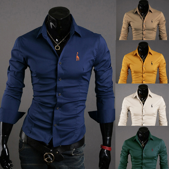 New fashion Europe and America slim fit long sleeved shirt embroidered deer formal mens shirts E