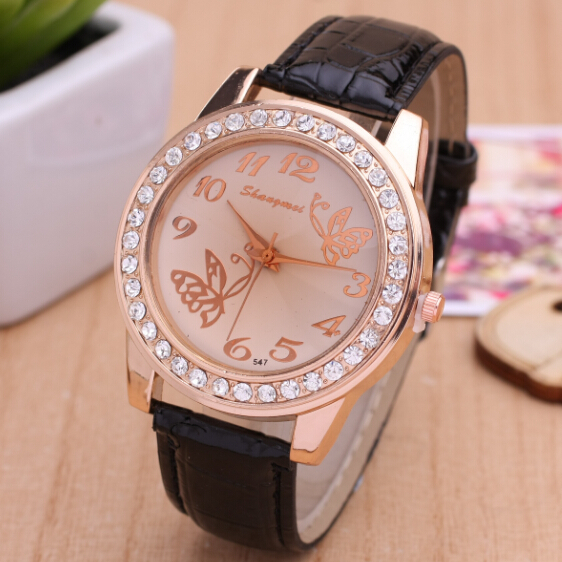 Exquisite Butterfly Pattern Women Watch 2015 New Brand Full Rhinestone Casual Watch Leather Strap Wristwatch Analog