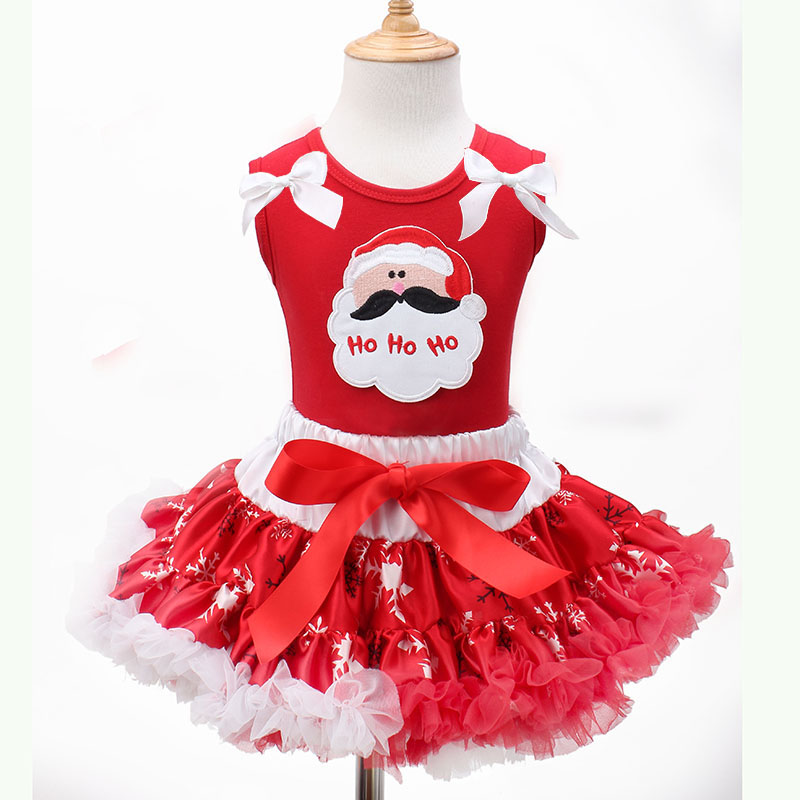 2016 New Christmas Girls Clothing Sets Children Cotton Red Santa claus T Shirt + White Snowflake Ruffles Tutu Skirt Xmas Clothes