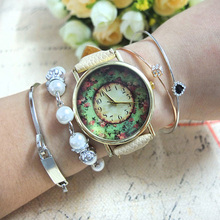 La moda de nueva para mujer reloj de pulsera mujeres flor Vintage impreso Faux del cuero del vestido de cuarzo analógico banda reloj de pulsera