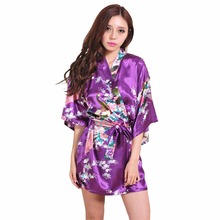 Brand Purple Female Printed Floral Kimono Dress Gown Chinese Style Silk Satin Robe Nightgown Flower S M L XL XXL XXXL