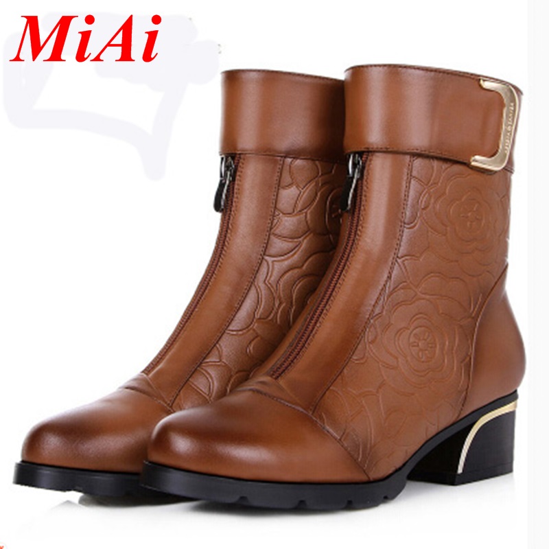 2015 new fashion genuine leather autumn winter shoes woman ankle boots high heels black zipper round toe women's short boots