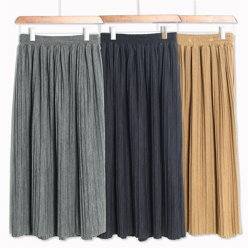 High waist women fashion pleated solid color skirts  Spring autumn Ankle-length skirt female casual pleated skirt TT352