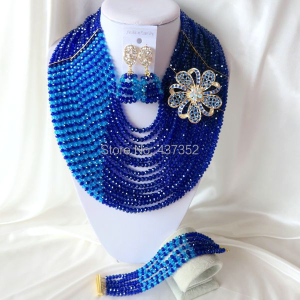 15 layers Royal blue and Turquoise blue Crystal Necklaces Bracelet Earrings Nigerian African Wedding Beads Jewelry Set  CPS-2319