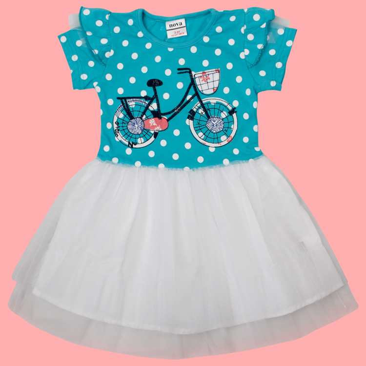 Nova2015 fashion design 2-6y girls dress 100%cotton cute bicycle embroidered polka dot  veil baby girls dress retail