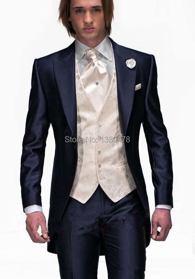 2014 Made Slim Fit One Button Navy Blue Groom Tuxedos Peak Lapel Best Man Suit Groomsman Men Wedding Suits Jacket+Pants+Tie+Vest