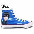 Wen Anime Hand Painted Shoes Design Custom Sword Art Online Kirito Asuna Yuuki Blue High Top