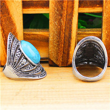 Vintage Look Tibetan Alloy Antique Silver Plated Victoria Style Flower Oval Turquoise Bead Ring TR224