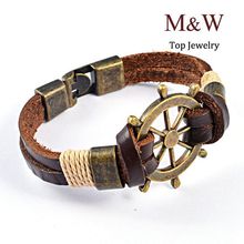High Quality Vintage Stainless Steel Rudder Charm Genuine Cow Leather Bracelet Jewelry for Men